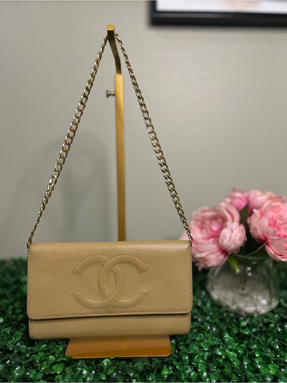 Chanel Beige Caviar CC Long Flap Wallet on Chain w/ Authenticity Card & Hologram